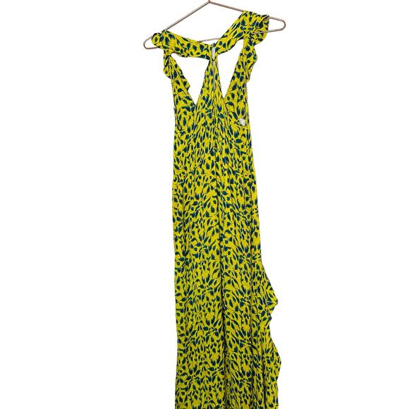 TANYA TAYLOR Yellow Blue Printed Silk Chiffon V-Neckline Maxi Dress Size 2 - Picture 4 of 13